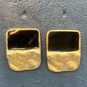 Pierced Earrings As Is Gold Black Enamel Rectangle Textured Retro BoHo Vintage